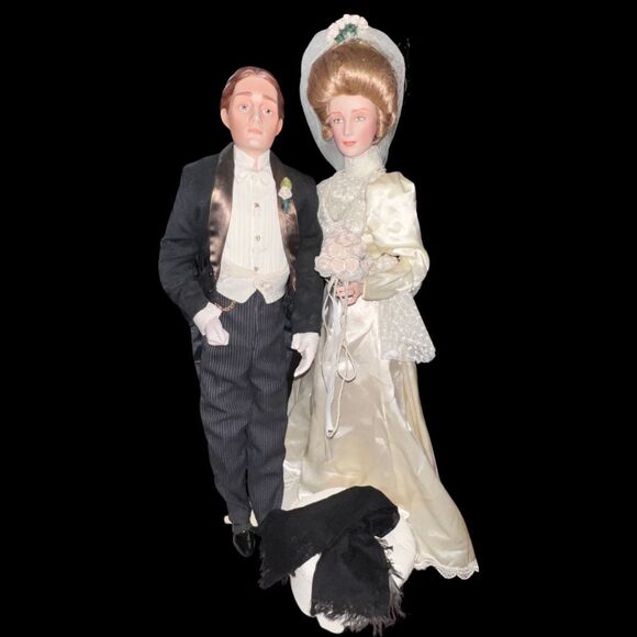 Vintage 1989 Franklin Heirloom Porcelain Dolls Gibson Girl Bride & Groom 22” - Picture 1 of 3